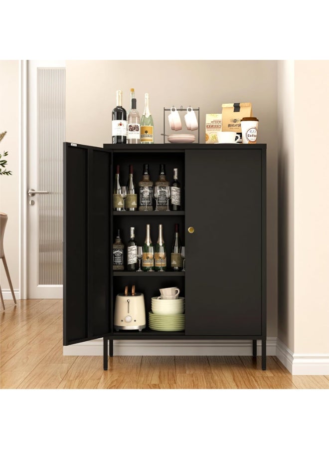 تابيت خزانة بوفيه معدنية، خزانة تخزين مطبخ بأرفف، خزانة ركن قهوة، خزانة جانبية للبوفيه، رف جانبي لتخزين فرن الميكروويف لغرفة المعيشة والمطبخ (أسود) - Image 3